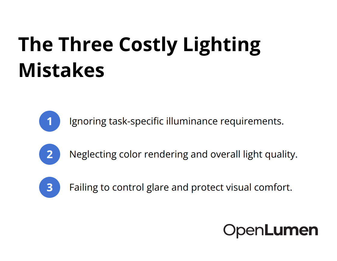 Compact list summarizing the three lighting design mistakes that drive up costs - avoiding lighting missteps