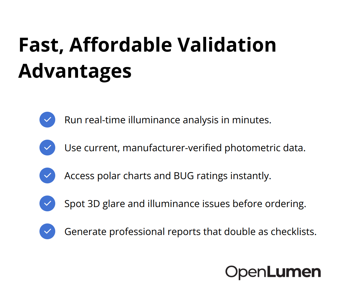 Checkmark list of benefits from modern, browser-based lighting validation tools - avoiding lighting missteps