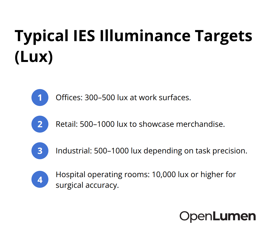 Quick-reference list of common IES illuminance targets by space type in lux.