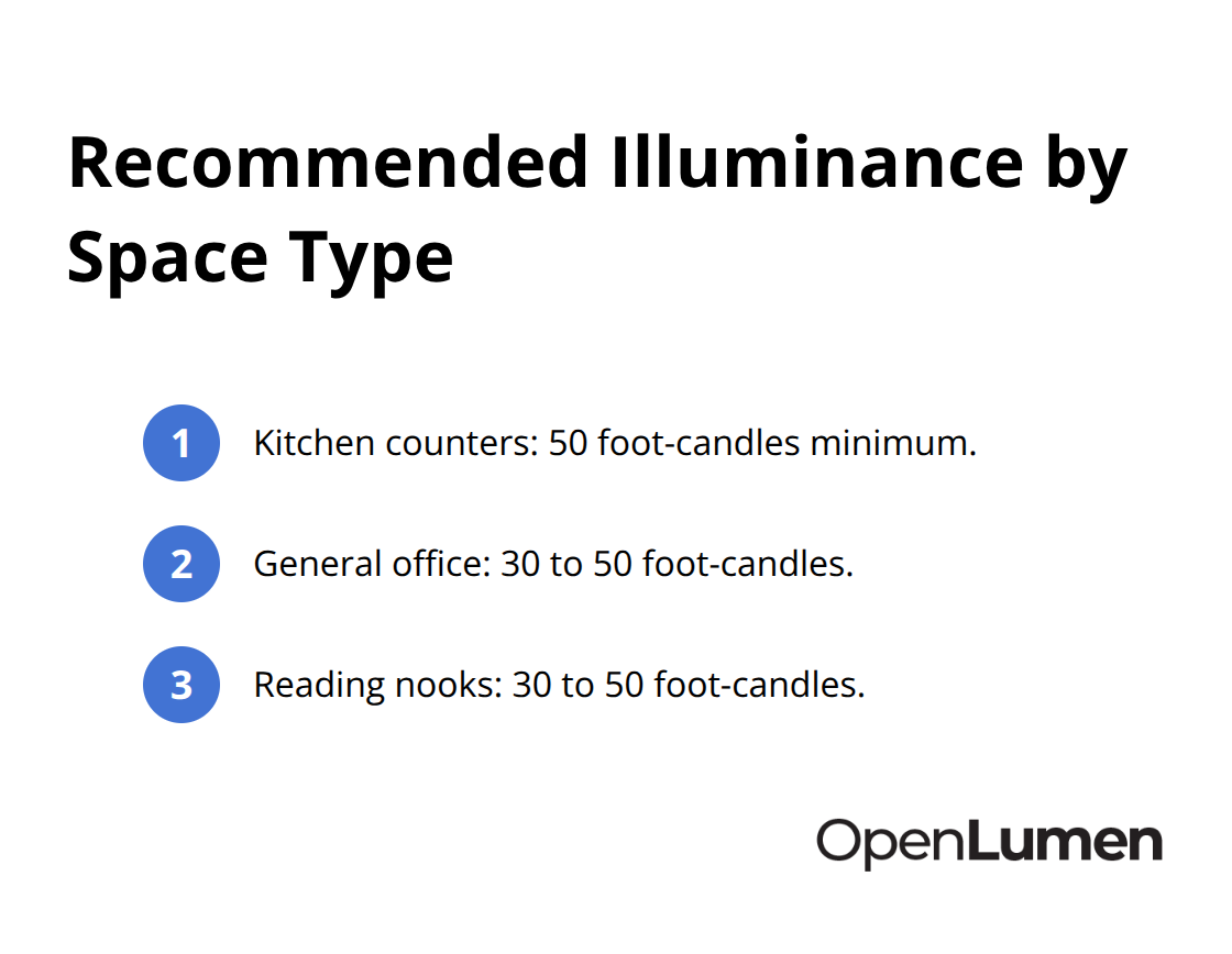 Compact list showing foot-candle targets for kitchens, offices, and reading nooks in U.S. applications. - common lighting design mistakes