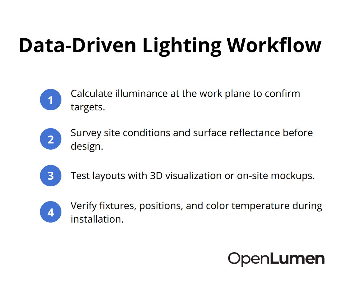 Compact checklist of the four core steps to plan, test, and verify lighting designs. - common lighting mistakes