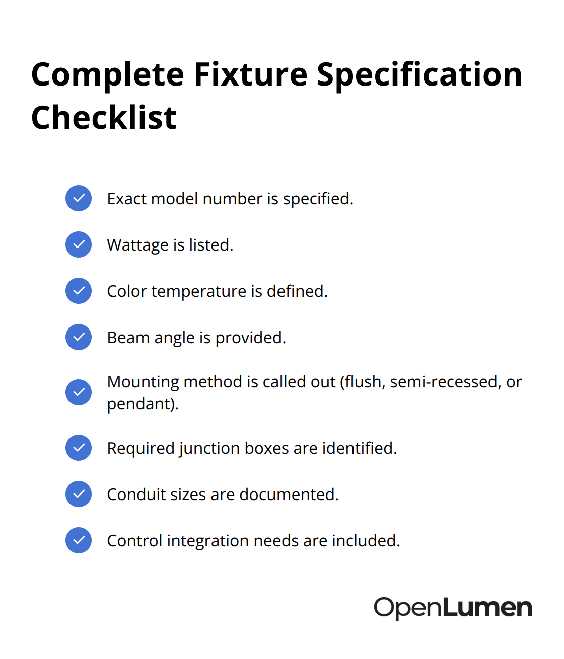 Checklist of details a complete fixture specification must include for field-ready installation - Contractor ready layouts