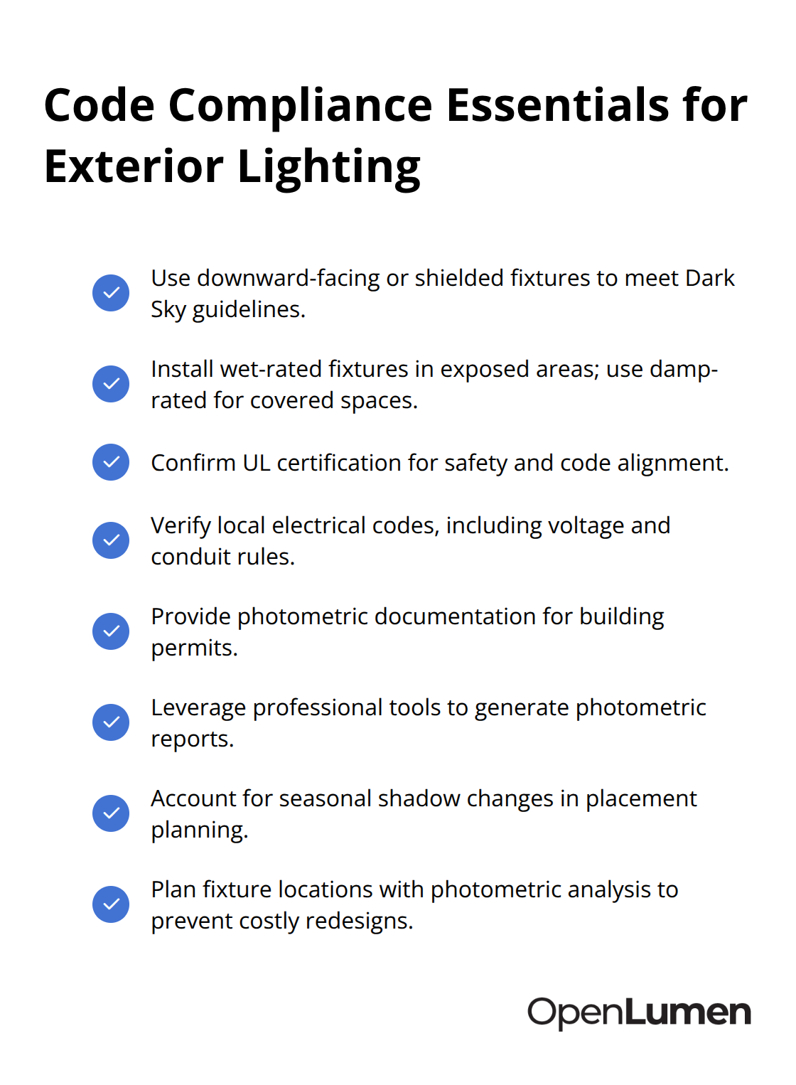 Checklist of key exterior lighting code and compliance requirements.