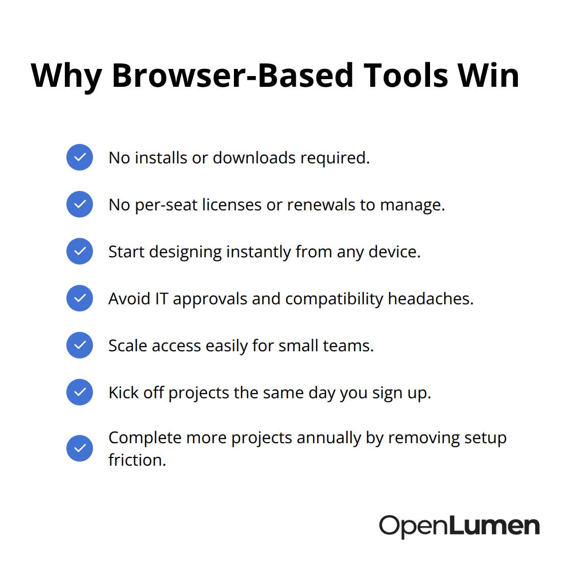 Checklist of benefits provided by browser-based lighting design platforms - fast photometric layouts tool