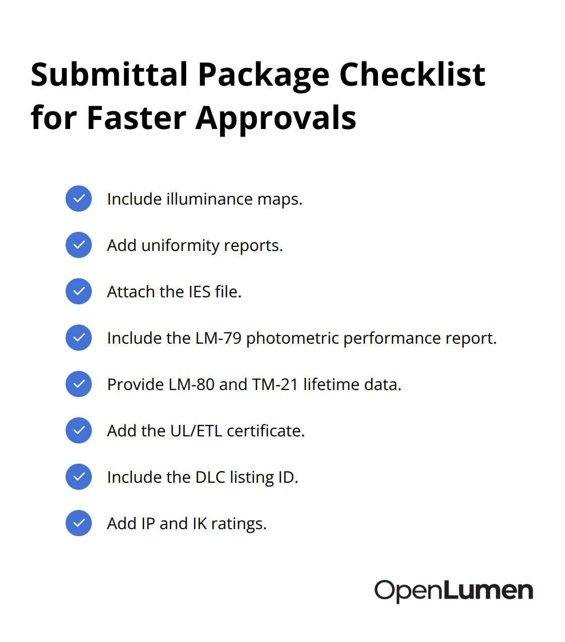Checkmark list of documents to include in a lighting design submittal package.