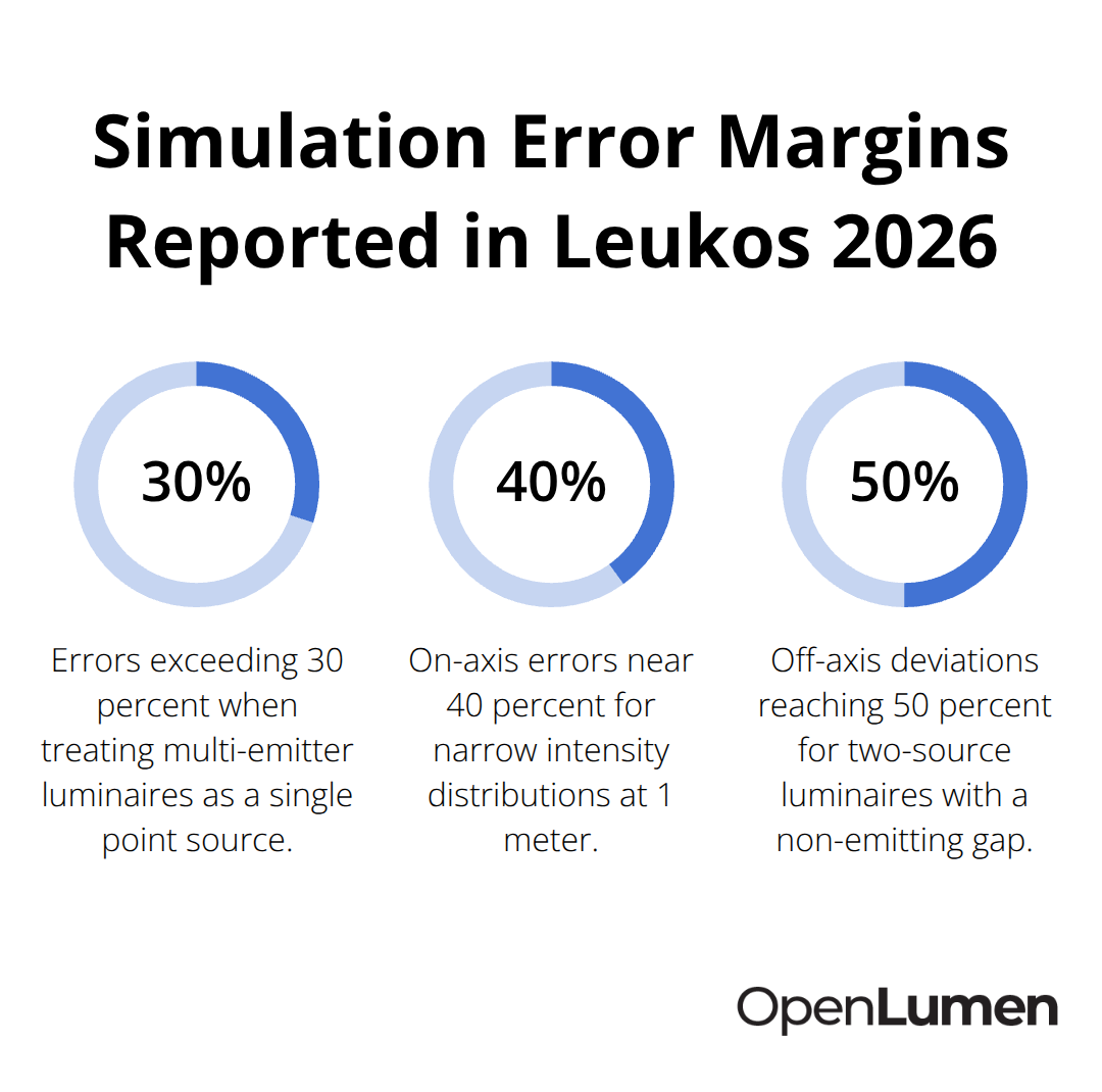 Chart showing 30%, ~40%, and up to 50% luminance simulation errors from research on multi-emitter luminaires.