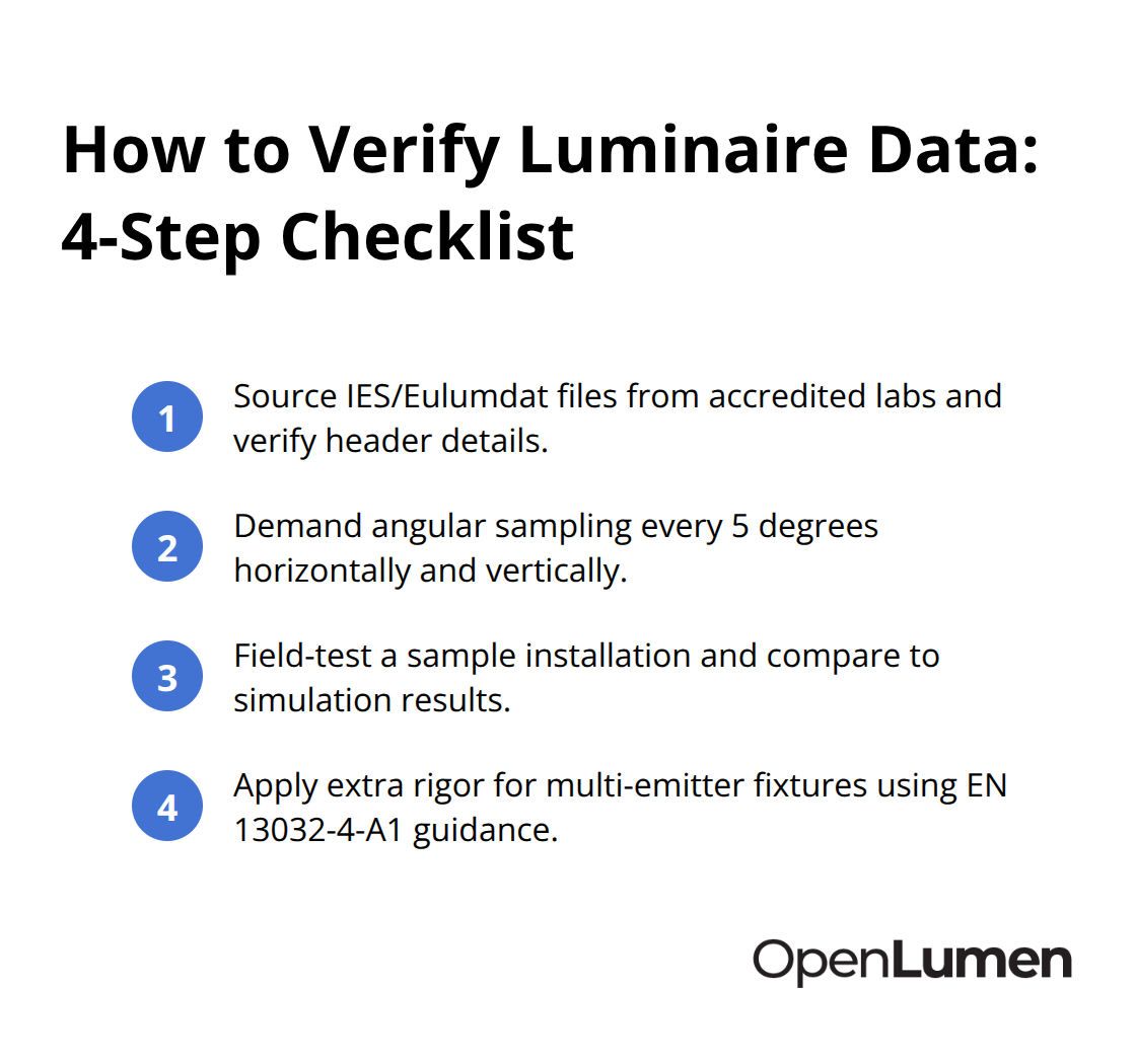 Compact checklist of four steps to verify luminaire data before design. - luminaire data verification