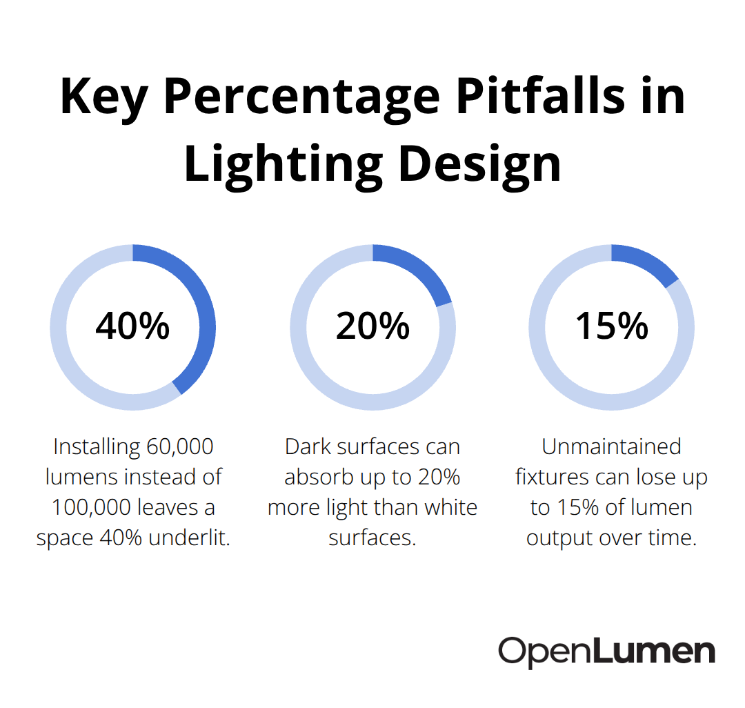 Chart showing 40% underlighting risk, 20% absorption by dark surfaces, and 15% lumen loss from poor maintenance. - Lighting calculations tutorial