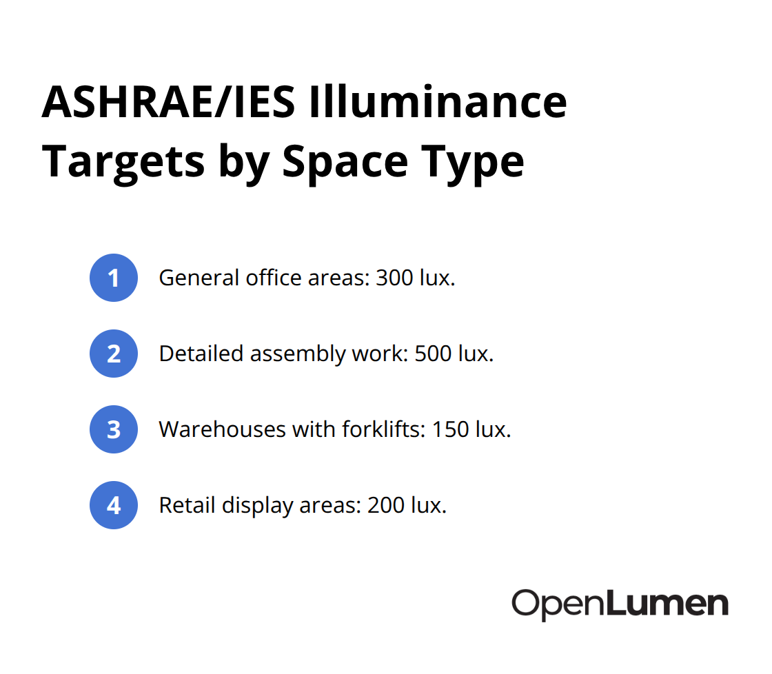 Compact list of standard illuminance targets for common spaces