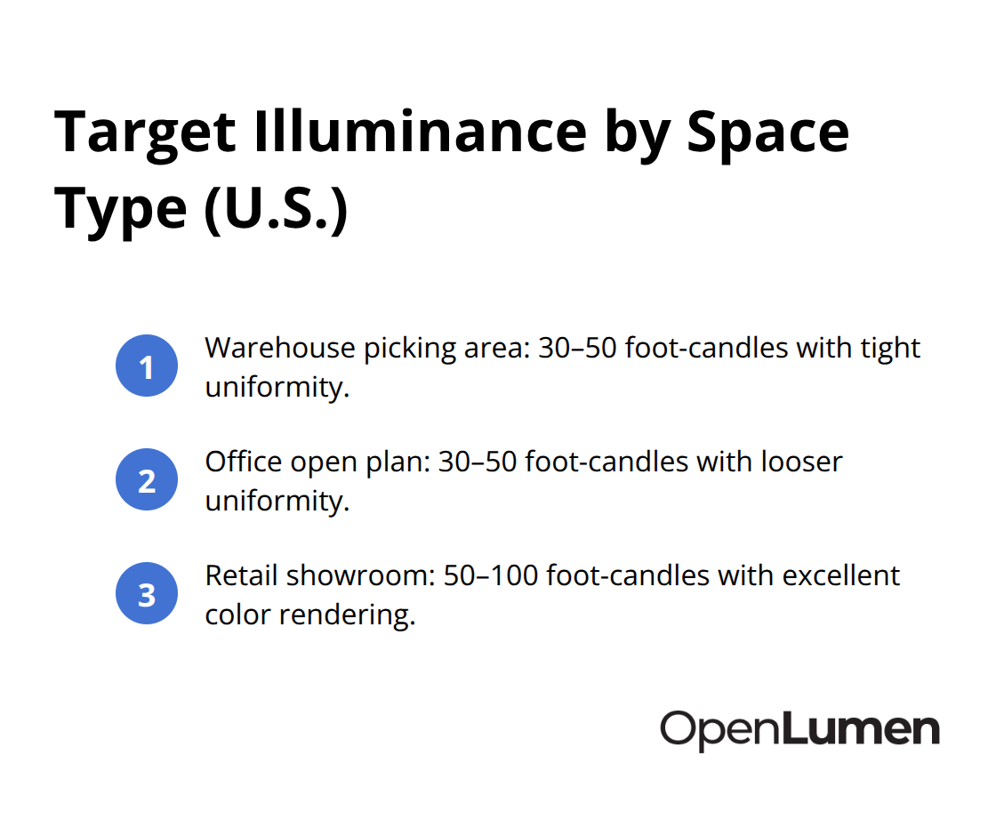 Compact list of typical foot-candle targets for warehouse, office, and retail spaces
