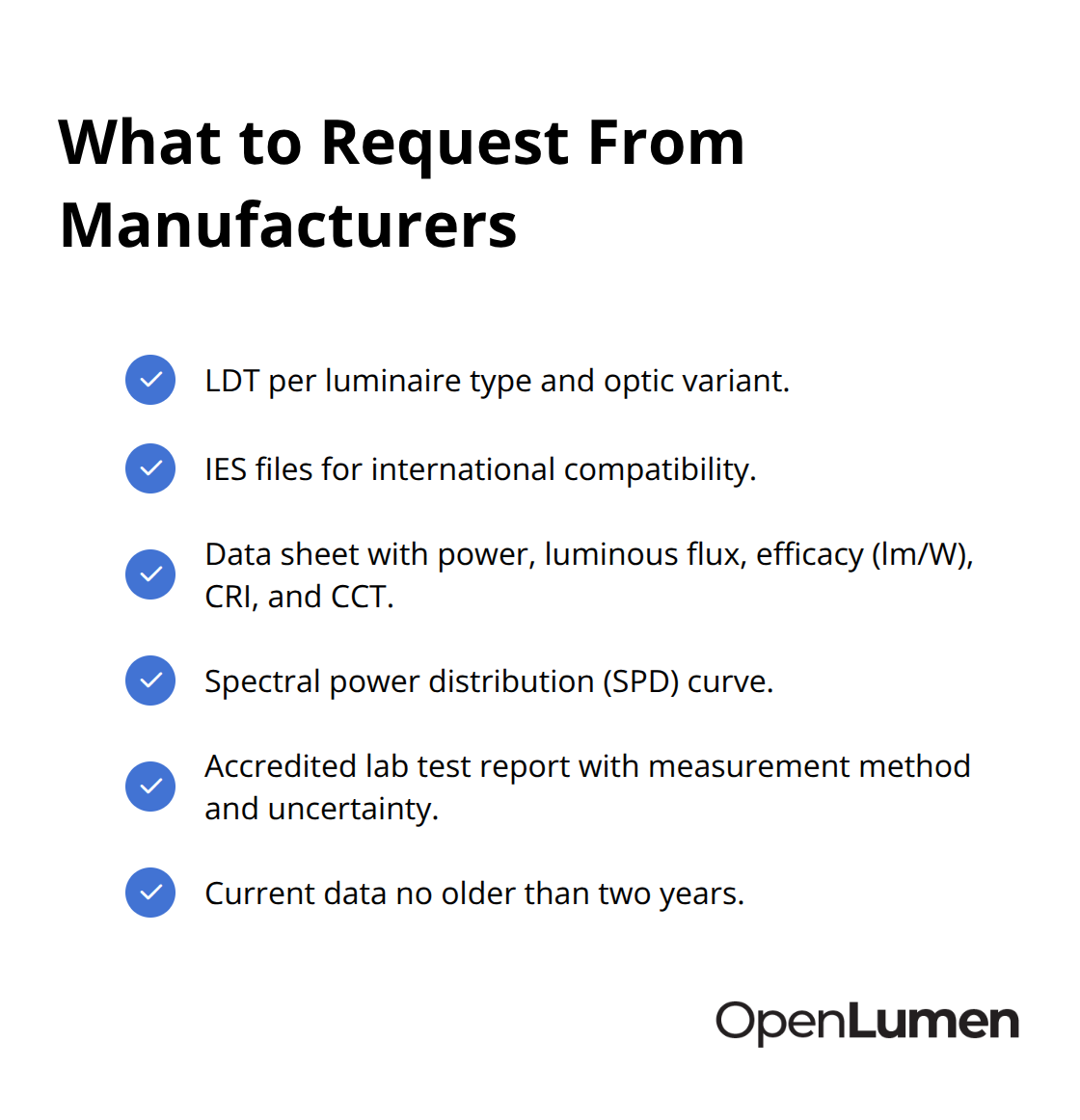 Checklist of documents and data to demand from lighting manufacturers for reliable photometric design. - photometric data standards