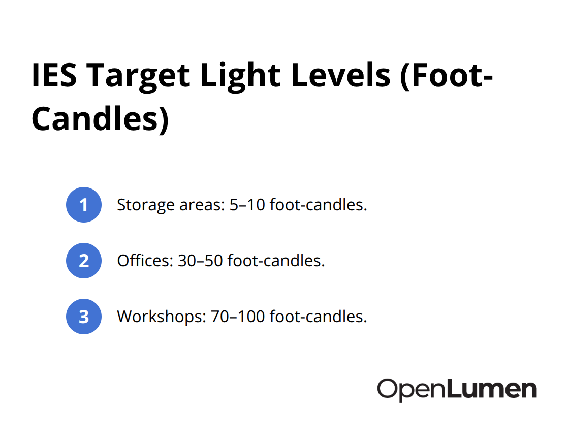 Recommended IES target light levels for storage, offices, and workshops in foot-candles. - photometric layout guide