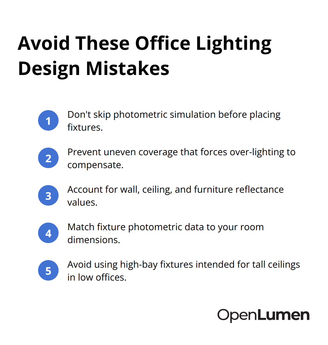 Compact list of common lighting design pitfalls to avoid - Photometric layouts for offices