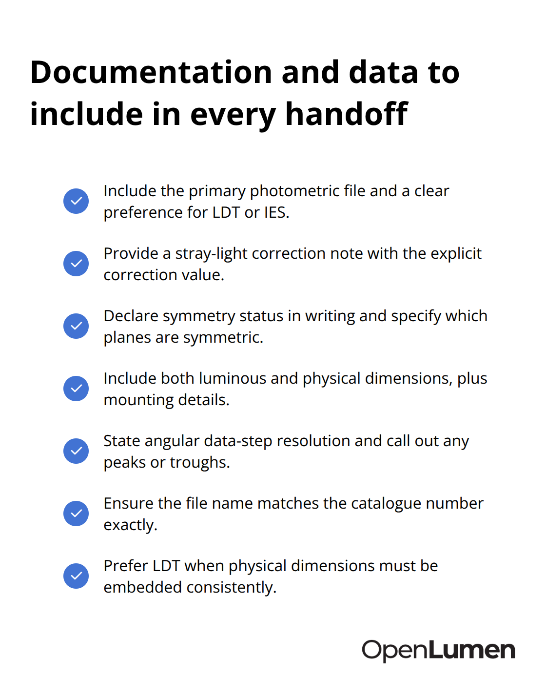Checklist of required photometry handoff documents and data for reliable design use