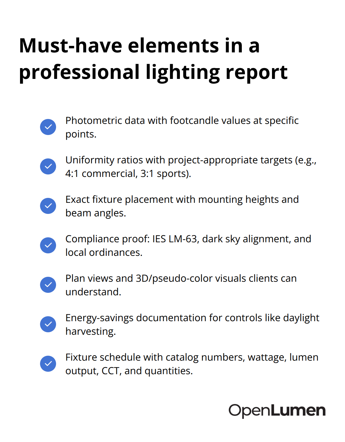 Checklist of essential items every lighting report should include. - professional lighting reports generation