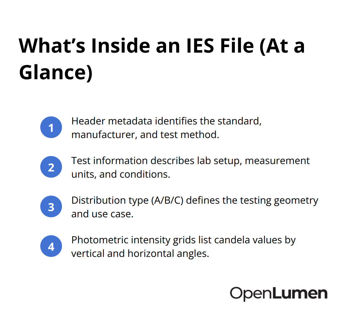Compact list summarizing the key parts of an IES file and what each contains.