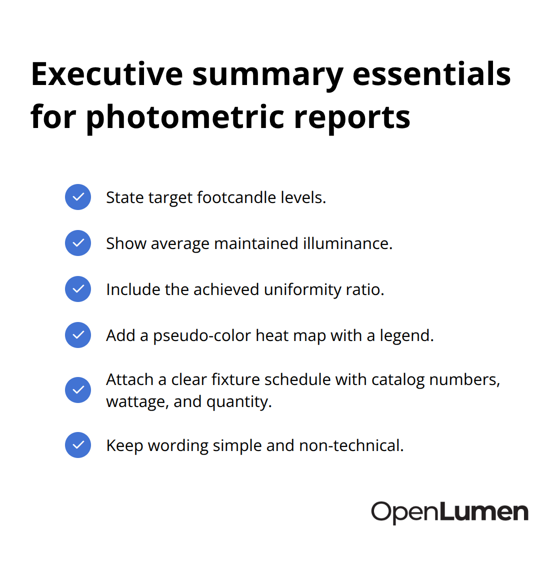 Checklist of items to include in a photometric executive summary for U.S. stakeholders - Reporting photometric layouts