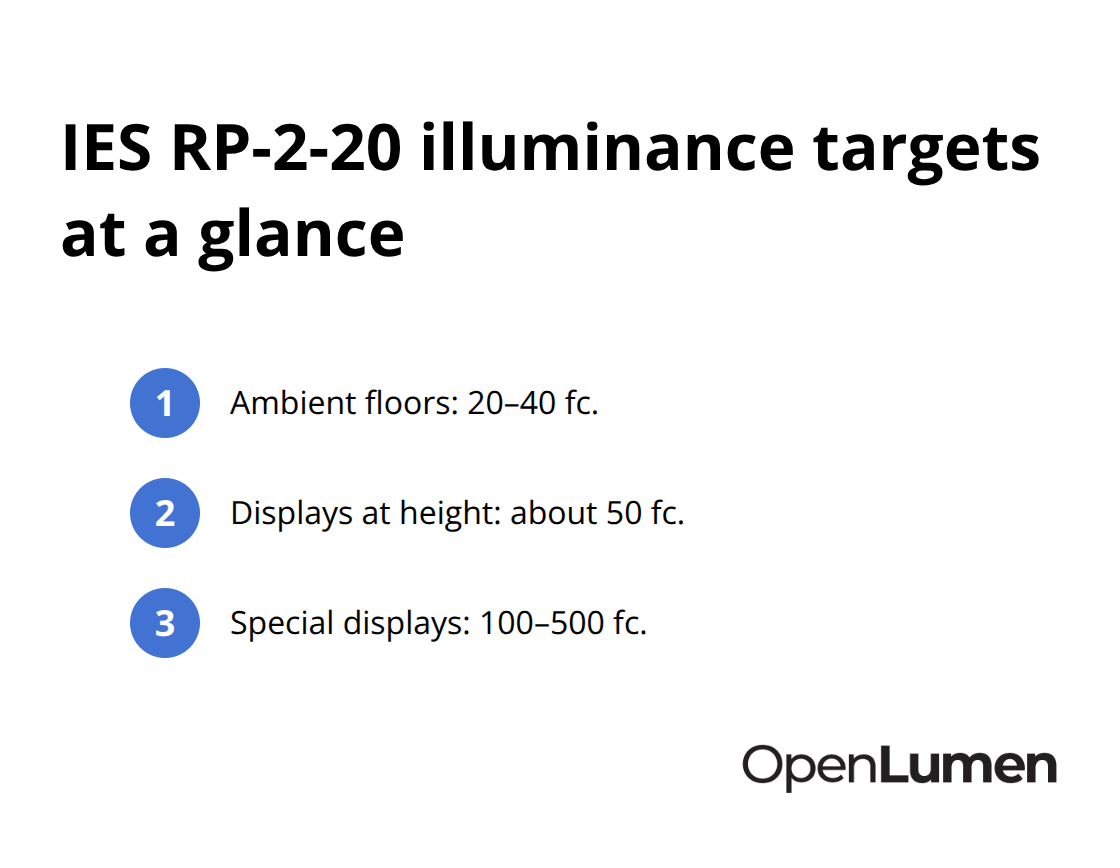 Compact list of illuminance targets for ambient floors, displays at height, and special displays per IES RP-2-20 - Retail lighting design planning