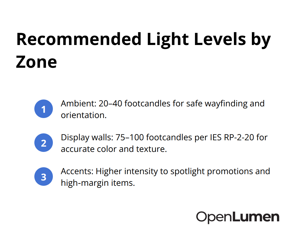 Ordered list of target footcandle levels for key retail zones - retail lighting layouts