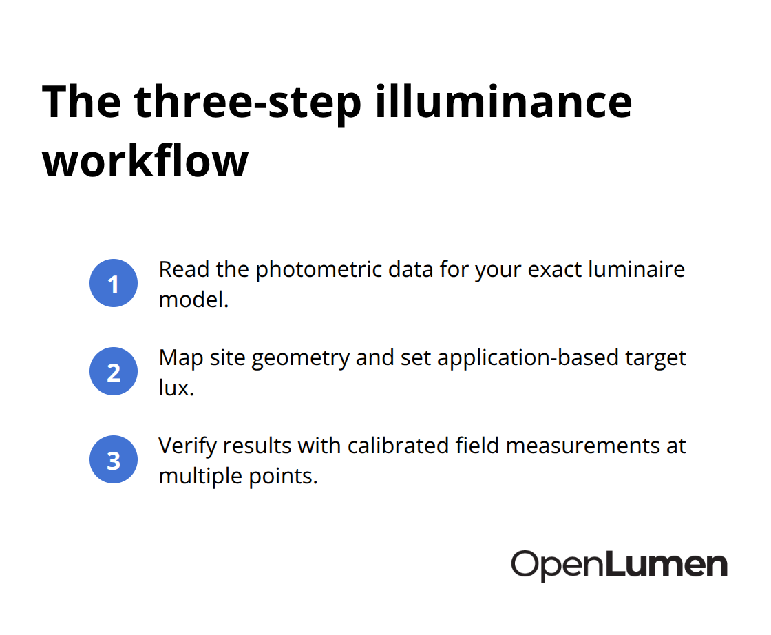 Compact list of the three core steps to accurate site illuminance. - site illuminance calculations
