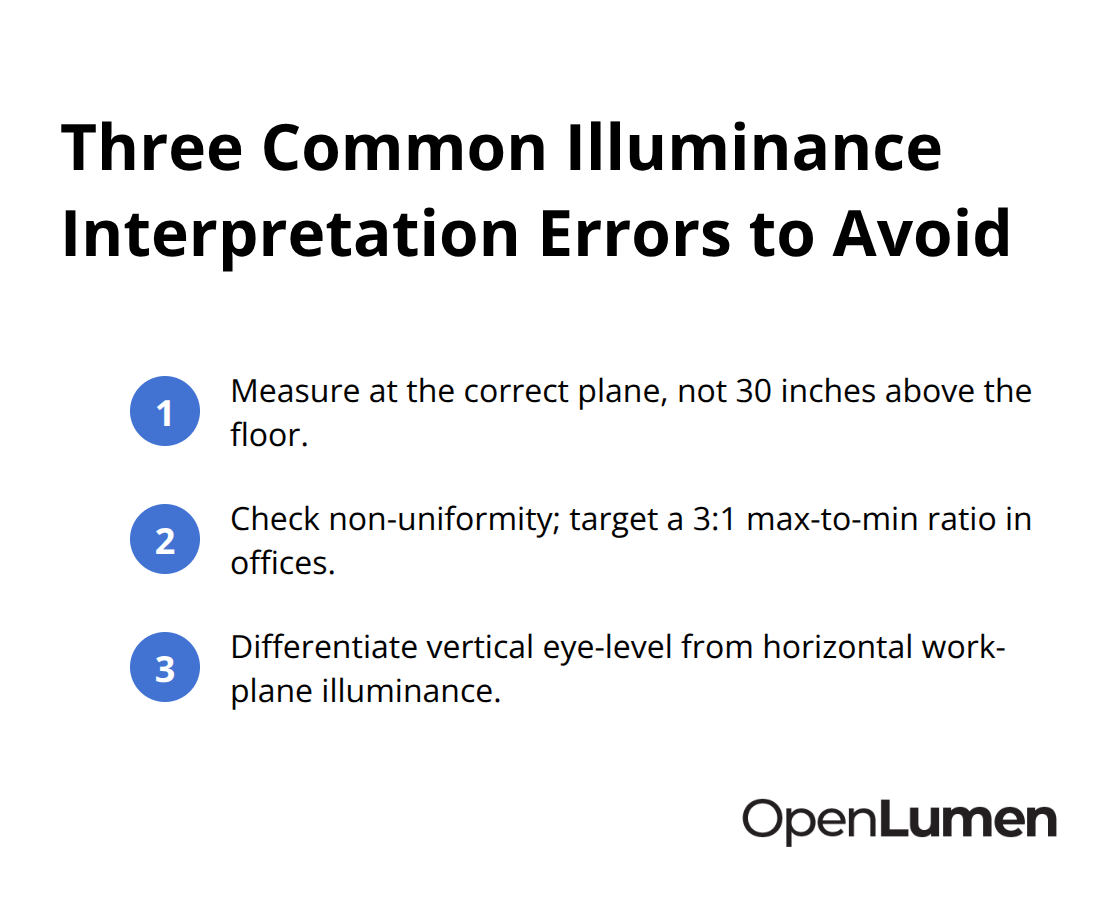 Compact list of the top three mistakes when interpreting illuminance standards.