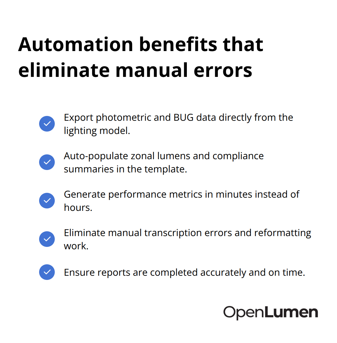 Checkmark list of automation-driven gains for standardized lighting reports