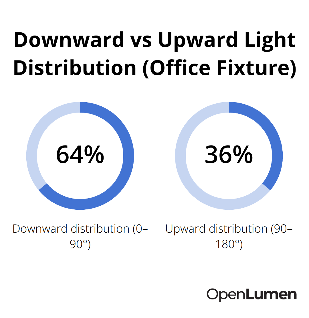 Chart showing 64% downward (0–90°) and 36% upward (90–180°) light distribution for an office fixture. - zonal lumens analysis