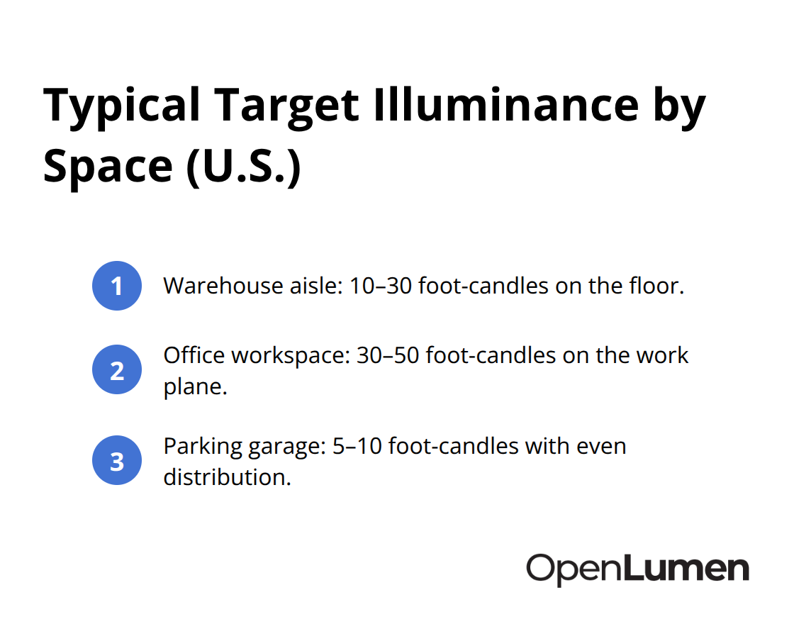 Foot-candle targets for warehouse aisles, office workspaces, and parking garages. - Zonal lumens overview